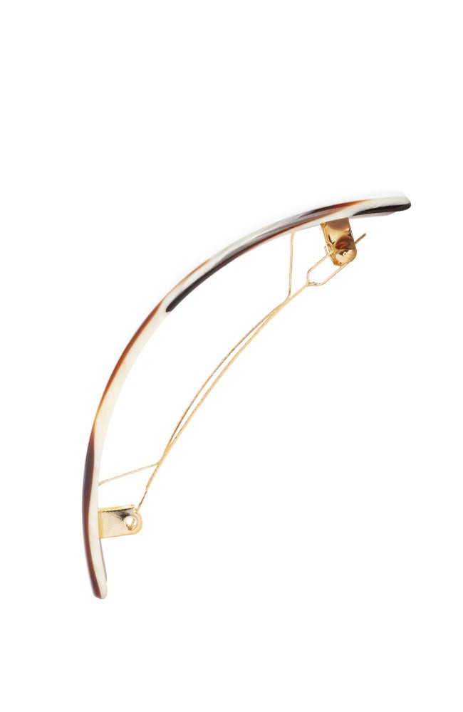 Side view of a brown France Luxe large barrette, with a spacious clasp for thick hair.