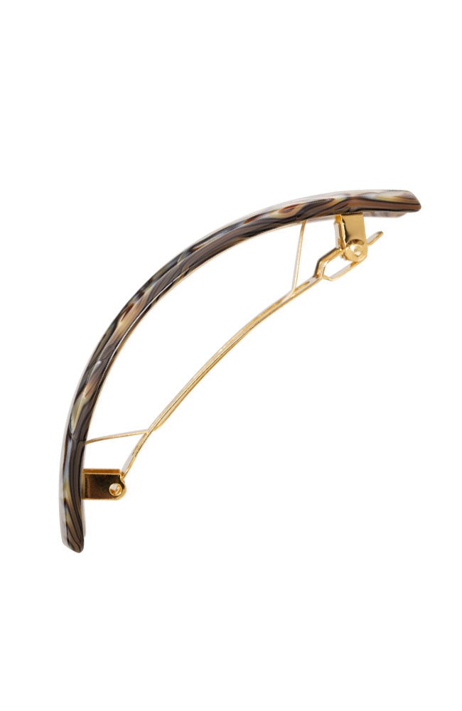 Side view of a grey France Luxe large barrette, with a spacious clasp for thick hair.