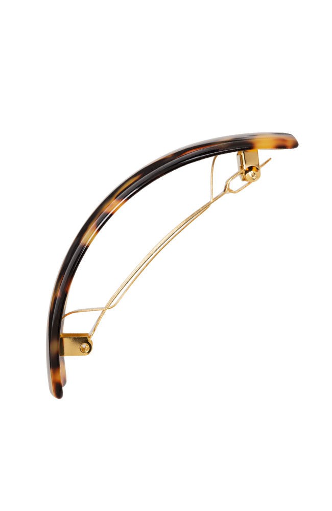 Side view of a classic tortoiseshell France Luxe large barrette, with a spacious clasp for thick hair.