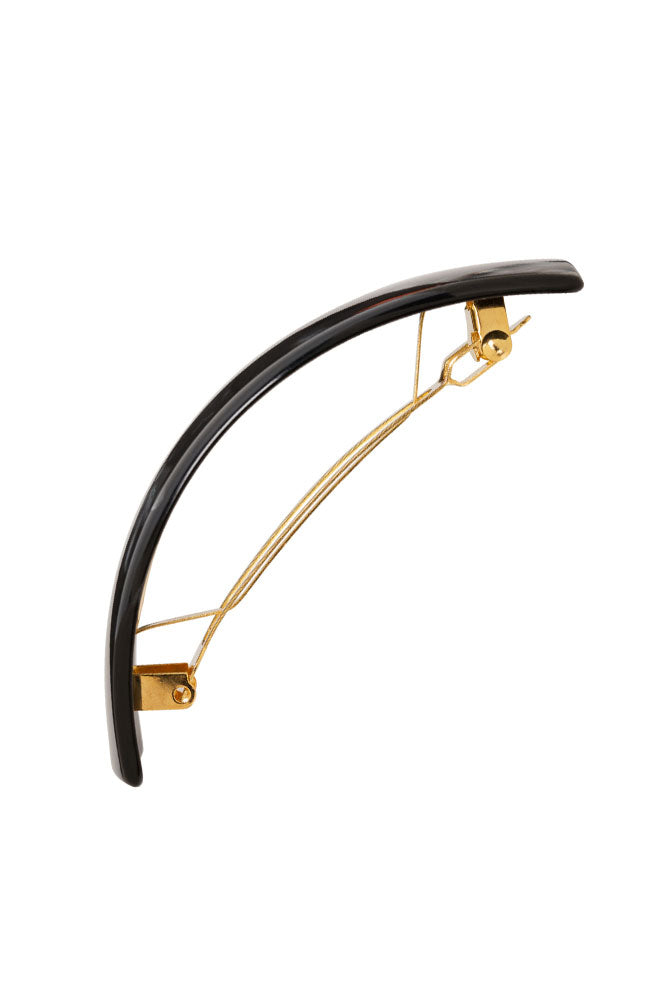 Side view of a black France Luxe large barrette, with a spacious clasp for thick hair.
