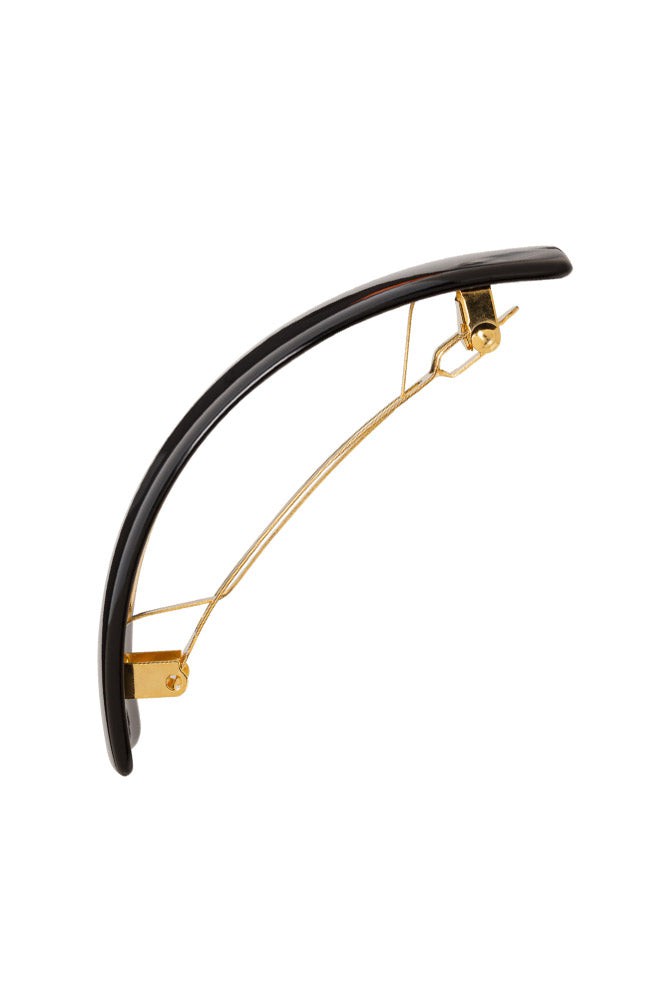 Side view of a black France Luxe large barrette, with a spacious clasp for thick hair.
