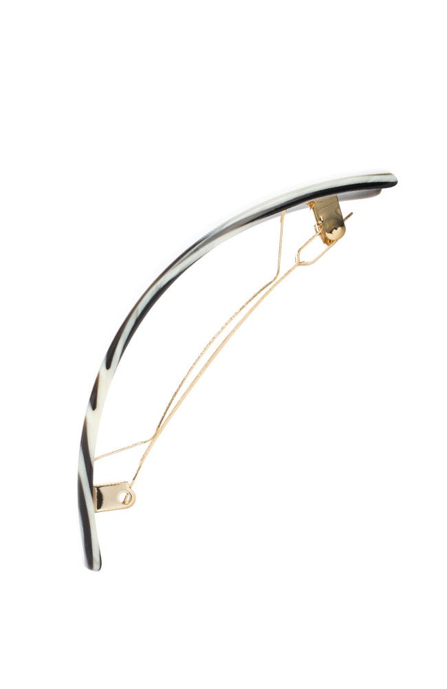 Side view of a black &amp; white France Luxe large barrette, with a spacious clasp for thick hair.