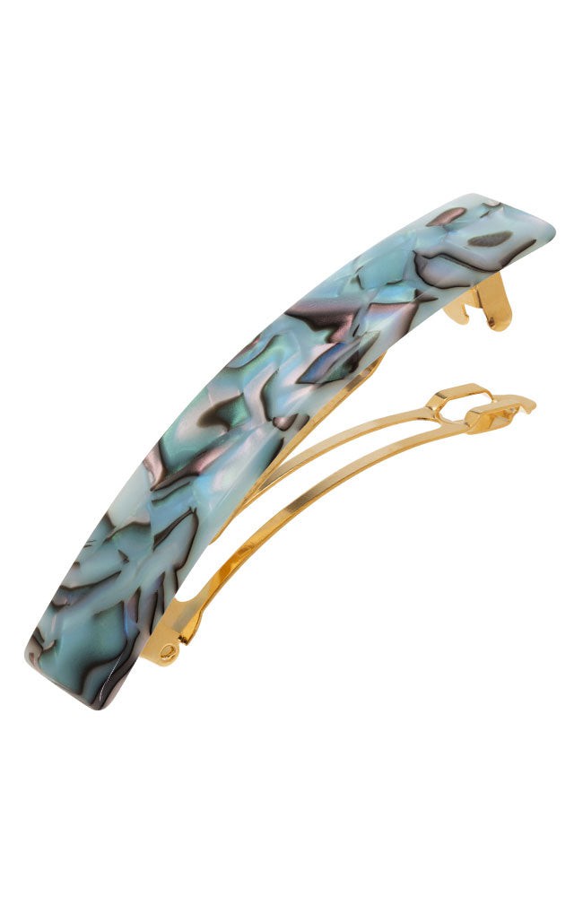 Medium hair clip featuring a classic French barrettes style clasp, ideal for most hair types - Classic Rectangle Barrette, light blue, faux shell.