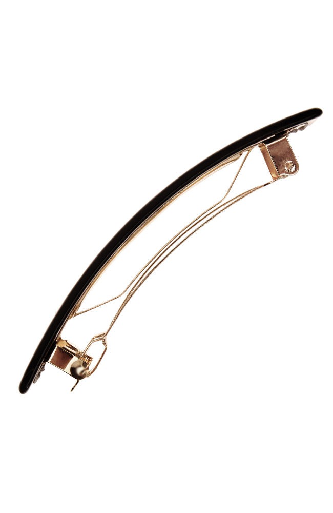 Side view of a black France Luxe Classic French Barrette, ideal for most hair types.