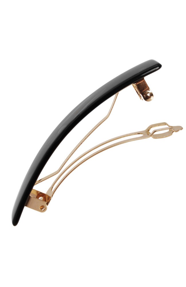 Medium hair clip featuring a classic French barrettes style clasp, ideal for most hair types - Classic Rectangle Barrette, marbled pearlescent black.