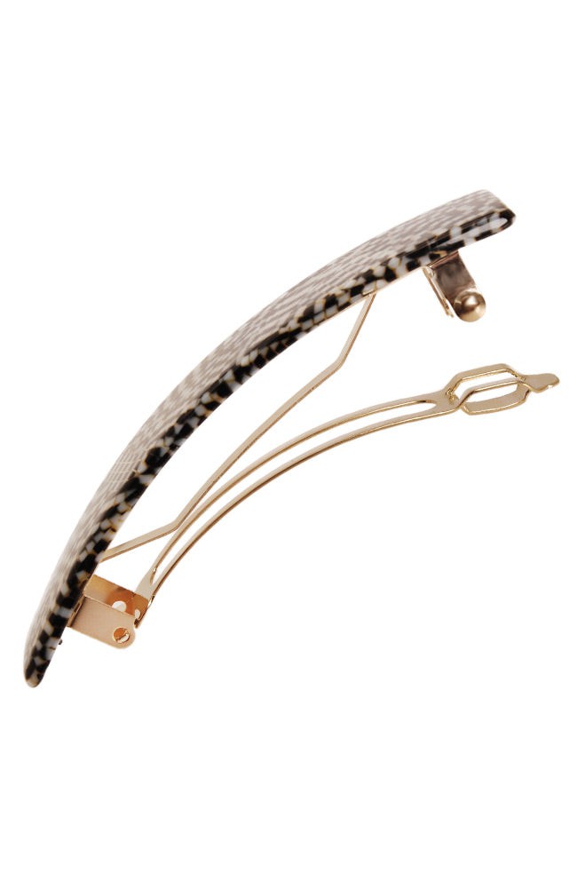 Medium hair clip featuring a classic French barrettes style clasp, ideal for most hair types - Classic Rectangle Barrette, pixelated mosaic of silver with black.