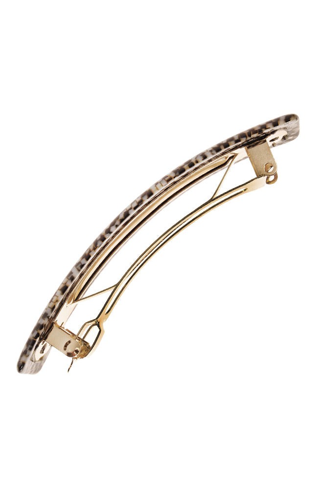 Side view of a silver France Luxe Classic French Barrette, ideal for most hair types.