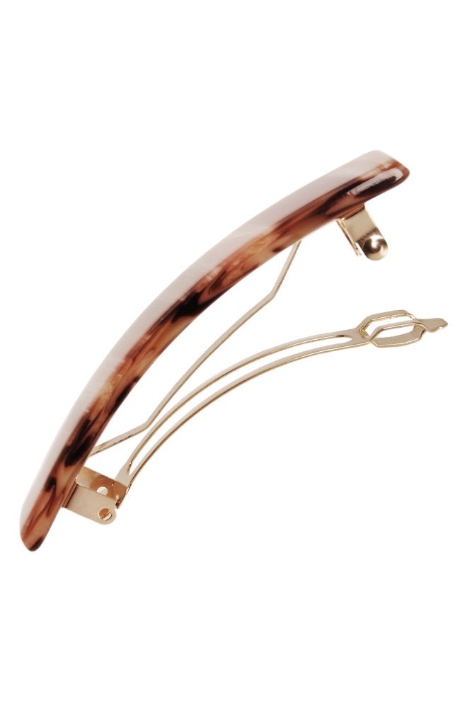 Medium hair clip featuring a classic French barrettes style clasp, ideal for most hair types - Classic Rectangle Barrette, warm caramel and amber.