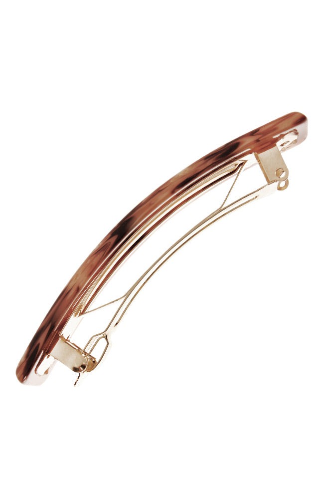 Side view of a brown France Luxe Classic French Barrette, ideal for most hair types.