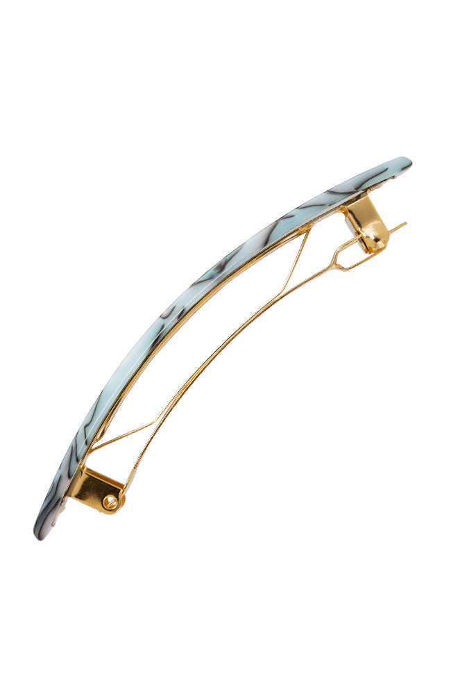 Side view of a light blue France Luxe Classic French Barrette, ideal for most hair types.
