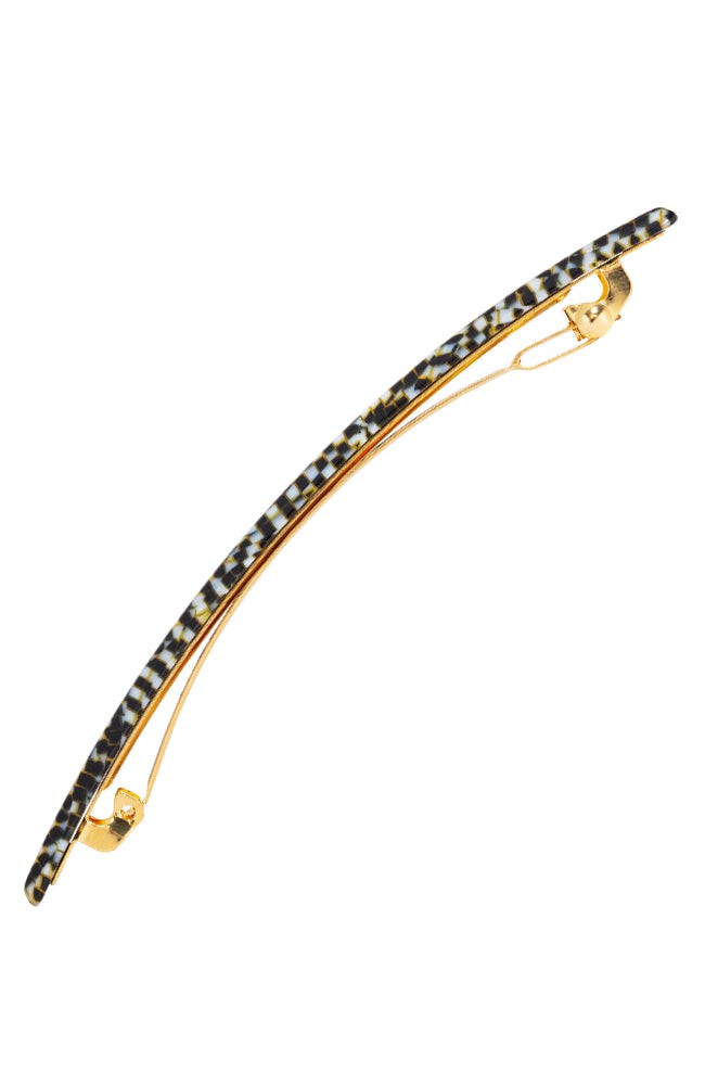 Side view of a silver France Luxe long barrette, ideal for fine to medium hair.