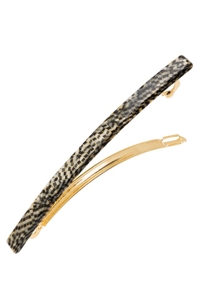 Long, pixelated mosaic of silver with black hair clip featuring a French barrette style clasp, ideal for fine to medium hair - Long &amp; Skinny Barrette, Opera Silver.