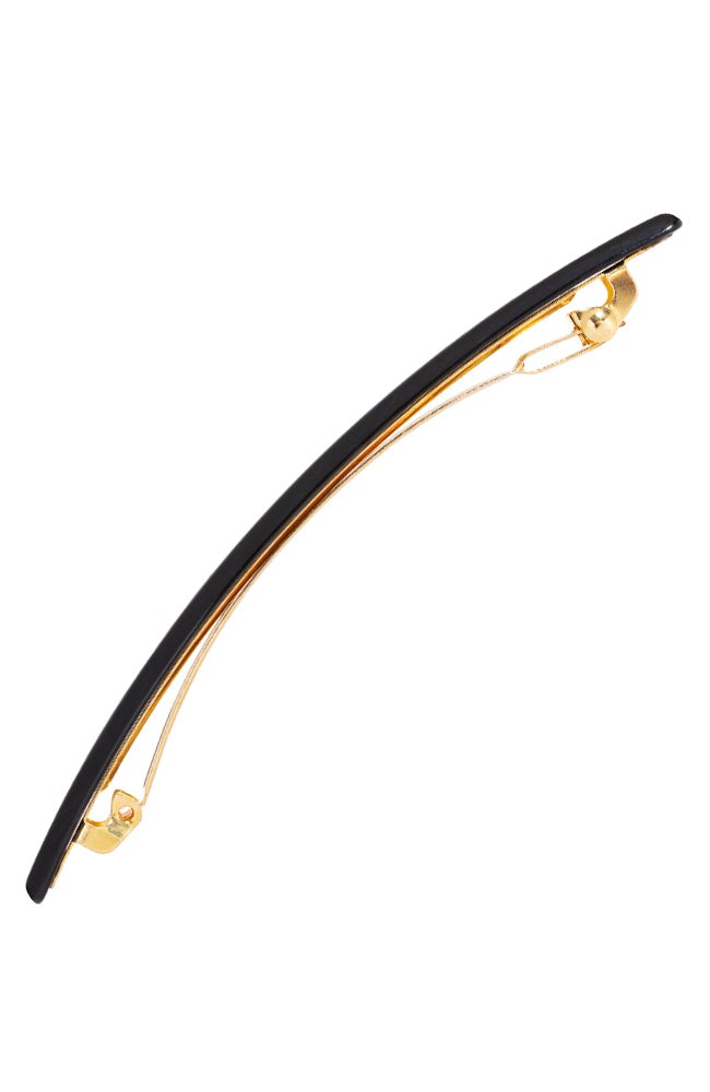 Side view of a black France Luxe long barrette, ideal for fine to medium hair.