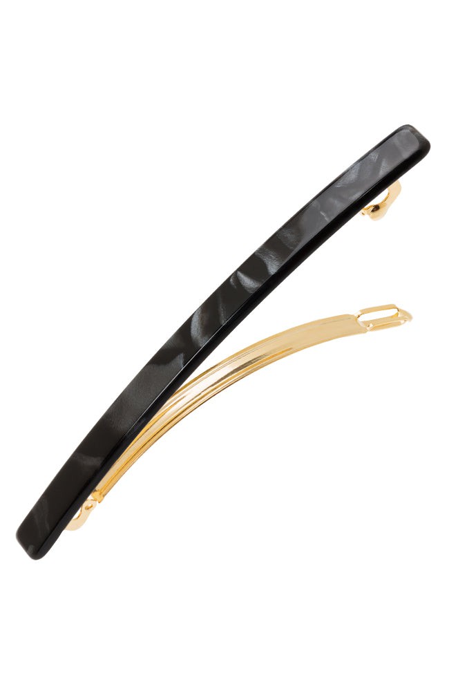 Long, marbled pearlescent black hair clip featuring a French barrette style clasp, ideal for fine to medium hair - Long &amp; Skinny Barrette, Nacro Black.