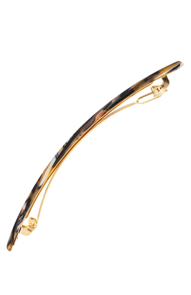 Side view of a brown France Luxe long barrette, ideal for fine to medium hair.