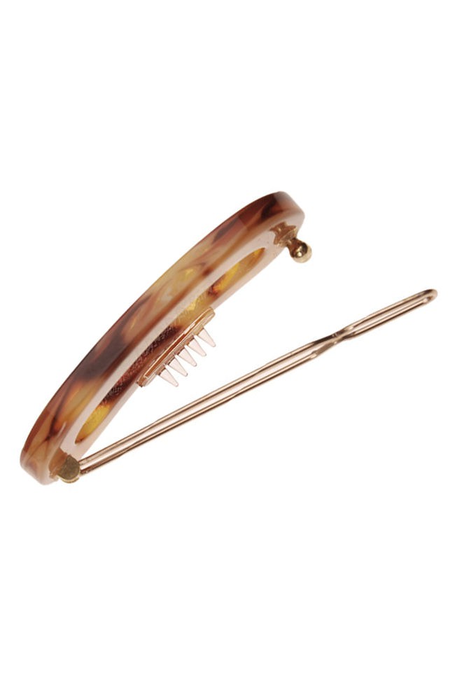Small hair clip featuring a ball and post clasp, ideal for fine hair or small sections - Mini Oval on Tige Boule Barrette, Caramel Horn.