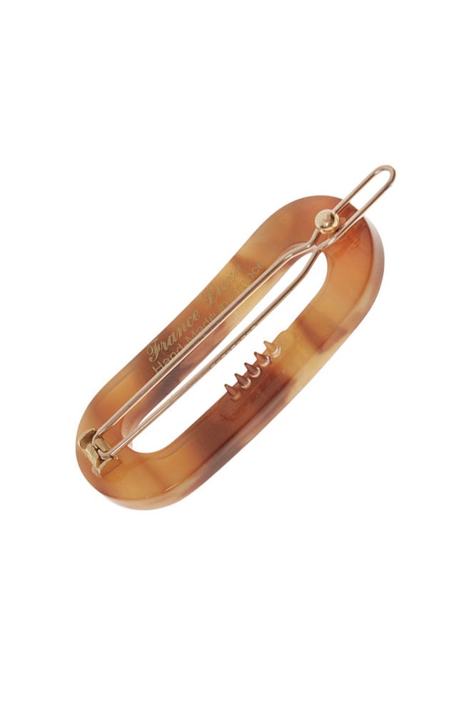 Small, warm caramel and amber French clip featuring a ball and post clasp, ideal for fine hair or small sections - Mini Oval on Tige Boule Barrette, Caramel Horn.