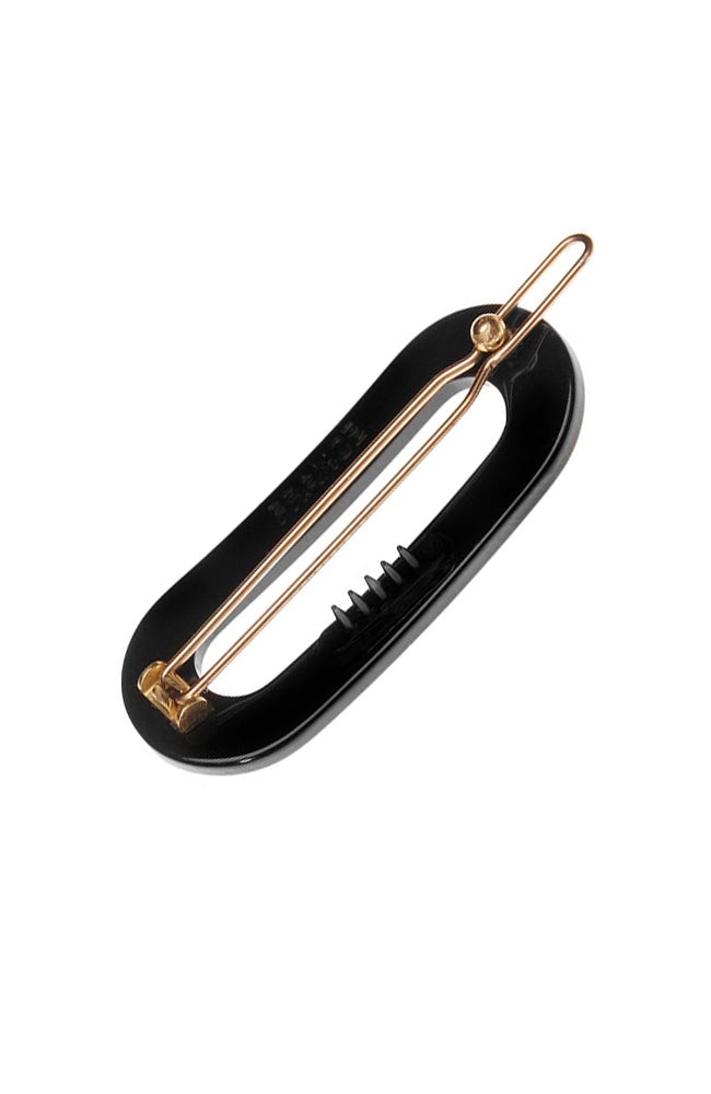 Small, classic black French clip featuring a ball and post clasp, ideal for fine hair or small sections - Mini Oval on Tige Boule Barrette, Black.