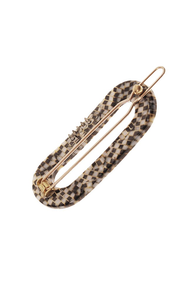 Small, pixelated mosaic of silver with black French clip featuring a ball and post clasp, ideal for fine hair or small sections - Mini Oval on Tige Boule Barrette, Opera Silver.