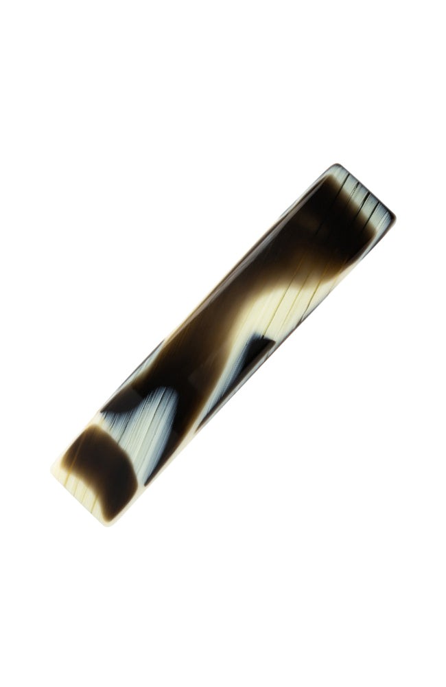 Medium, French barrette ideal for most hair types - Classic Rectangle Barrette, Black Horn, horn inspired blend of cream and black.