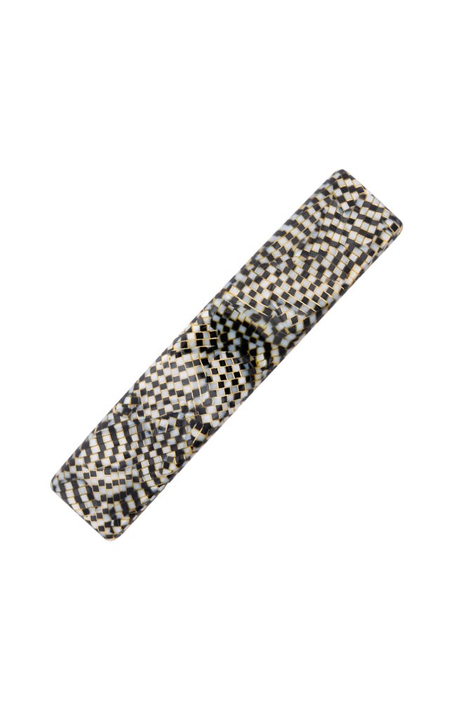 Medium, French barrette ideal for most hair types - Classic Rectangle Barrette, Opera Silver, pixelated mosaic of silver with black.