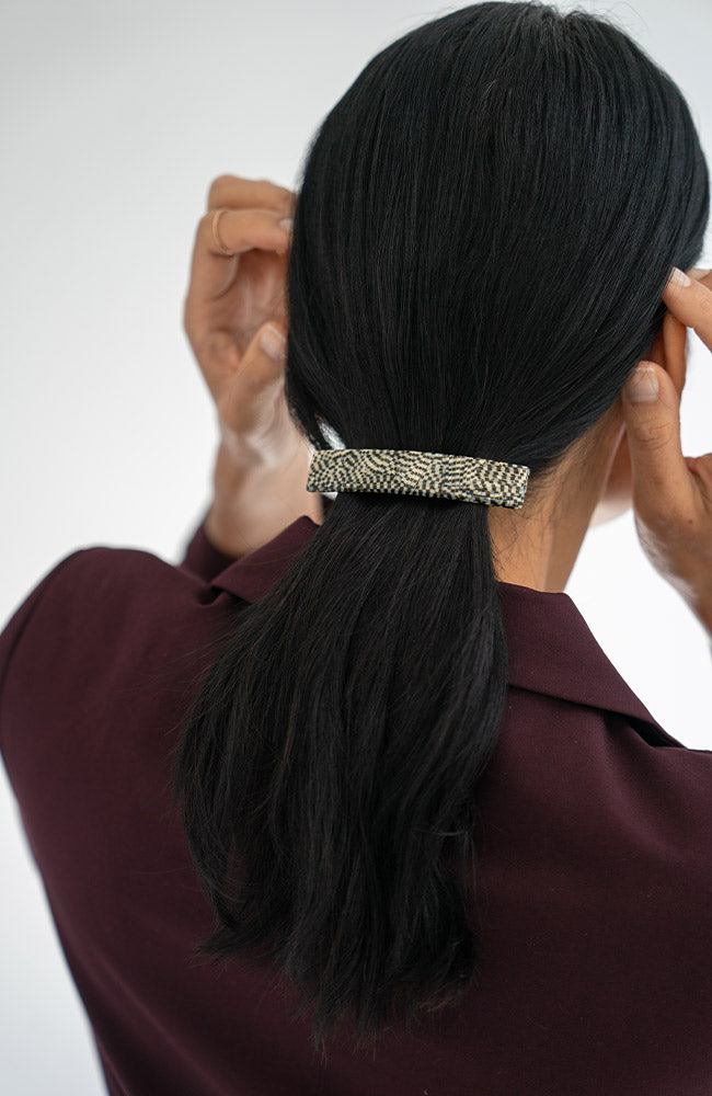 Womens silver, French Barrette, ideal for most hair types, seen styling pulled back, black, straight hair.