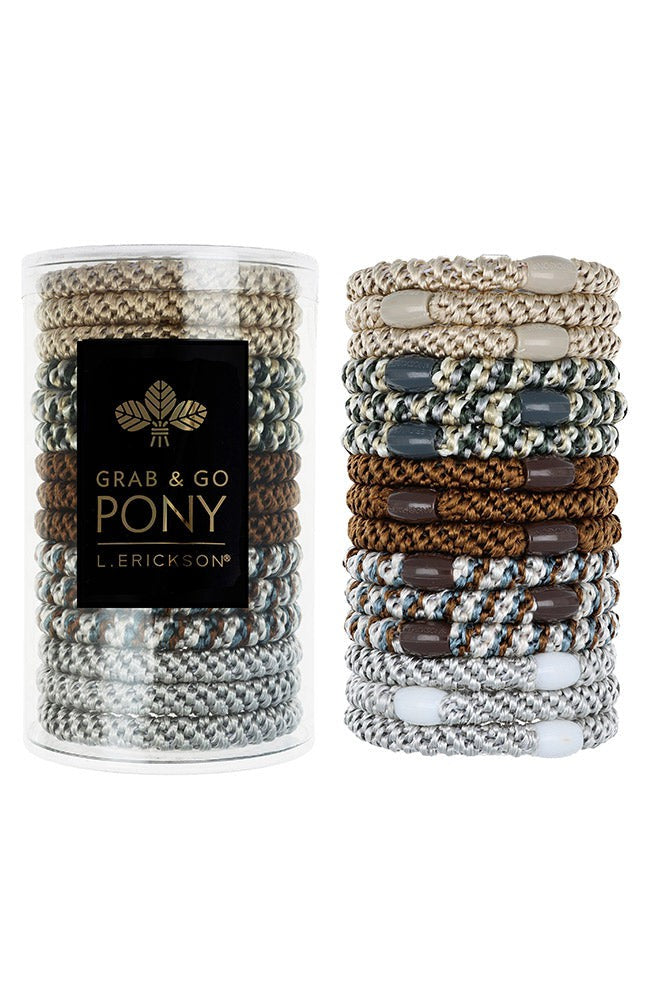 L. Erickson hair ties, 15 pack of Grab &amp; Go  Pony Tube, Thick, brown, beige, slate, grey hair bands.