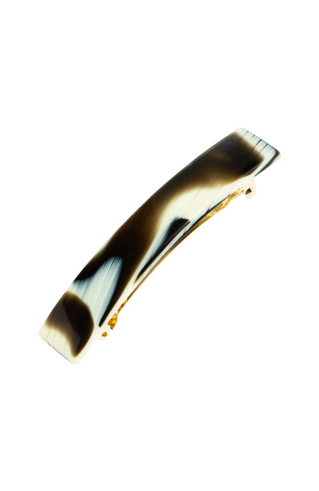 France Luxe medium, horn inspired blend of cream and black barrette for women - Classic Rectangle Barrette, Black Horn.