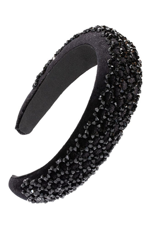 Black Velvet Headband with a lattice of beads across a wide padded band, Madison Ave Headband by L. Erickson