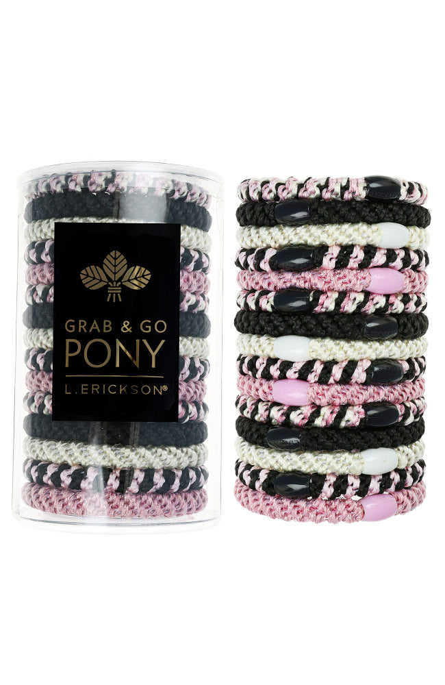 L. Erickson hair ties, 15 pack of Grab &amp; Go  Pony Tube, Thick, black, pink, ivory hair bands.