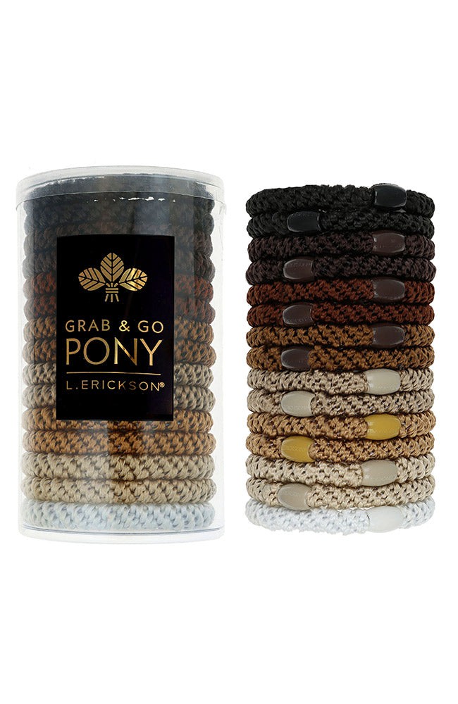 L. Erickson hair ties for thick hair, 15 pack Grab &amp; Go Pony Tube with brown hair bands.