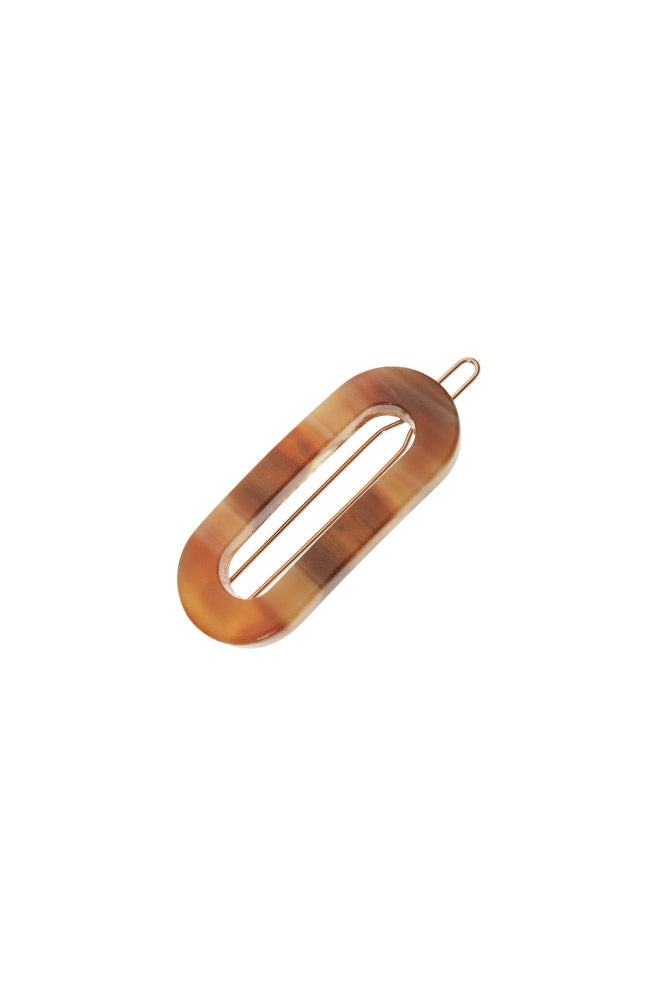 France Luxe small, warm caramel and amber barrette for women - Mini Oval on Tige Boule Barrette, Caramel Horn.