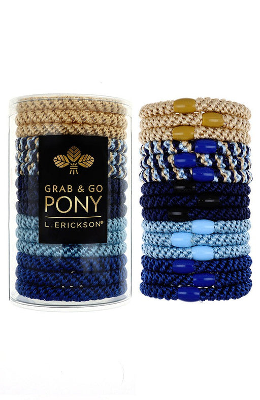 L. Erickson hair ties for thick hair on sale. 15 pack Grab & Go Pony Tube, Catalina, Blue, beige.
