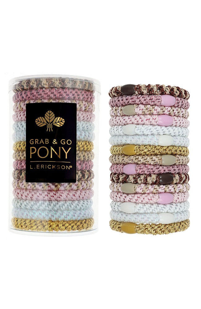 L. Erickson hair ties, 15 pack of Grab &amp; Go  Pony Tube, Thick, white, pink, metallic gold, metallic beige hair bands.