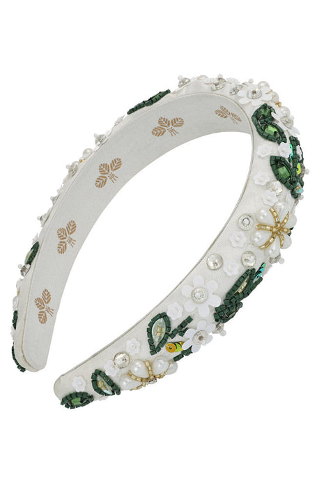 Green & white wide headband beaded with intricate flower details, Augustina Headband for women by L. Erickson