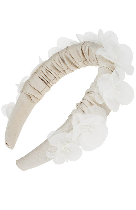 Luxurious beige padded headband with a crown of lace flowers across the band, Valerian Headband by L. Erickson