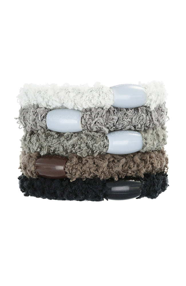 L. Erickson hair ties, 5 pack thick, fuzzy ponytail holders, black, grey, white soft bands.