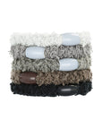 L. Erickson hair ties, 5 pack thick, fuzzy ponytail holders, black, grey, white soft bands.