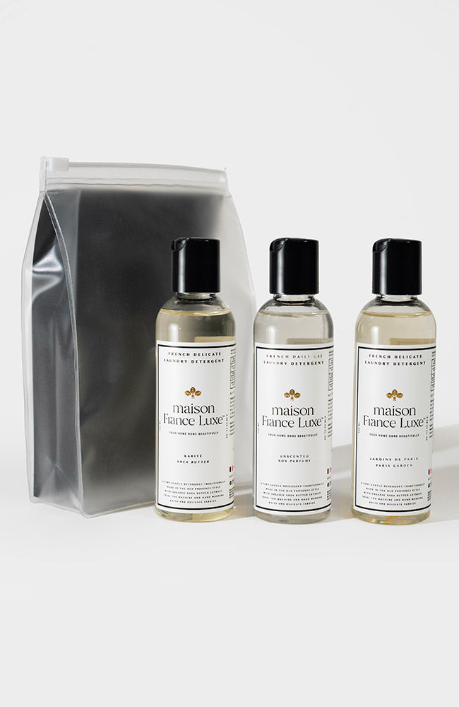 Luxe Laundry Detergent Travel 3 pack, Jardin de Paris, Karite Delicates, Unscented by Maison France Luxe, luxury home essentials made in France