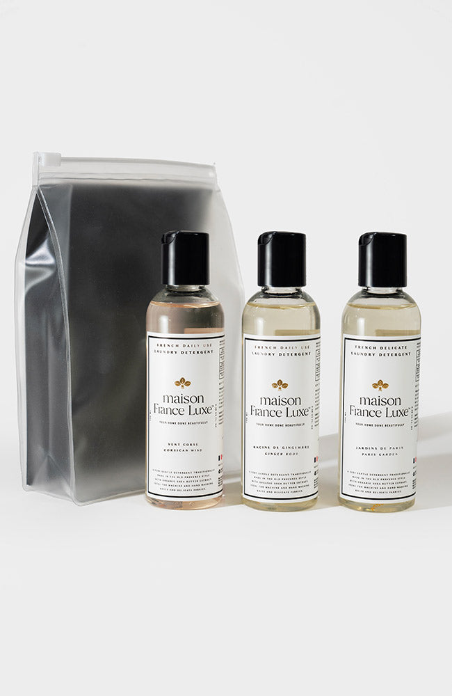Luxe Laundry Detergent Travel 3 pack, Jardin de Paris, Vent Corse, Racine de Gingembre by Maison France Luxe, luxury home essentials made in France