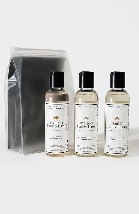 Luxe Laundry Detergent Travel 3 pack, Jardin de Paris, Vent Corse, Racine de Gingembre by Maison France Luxe, luxury home essentials made in France