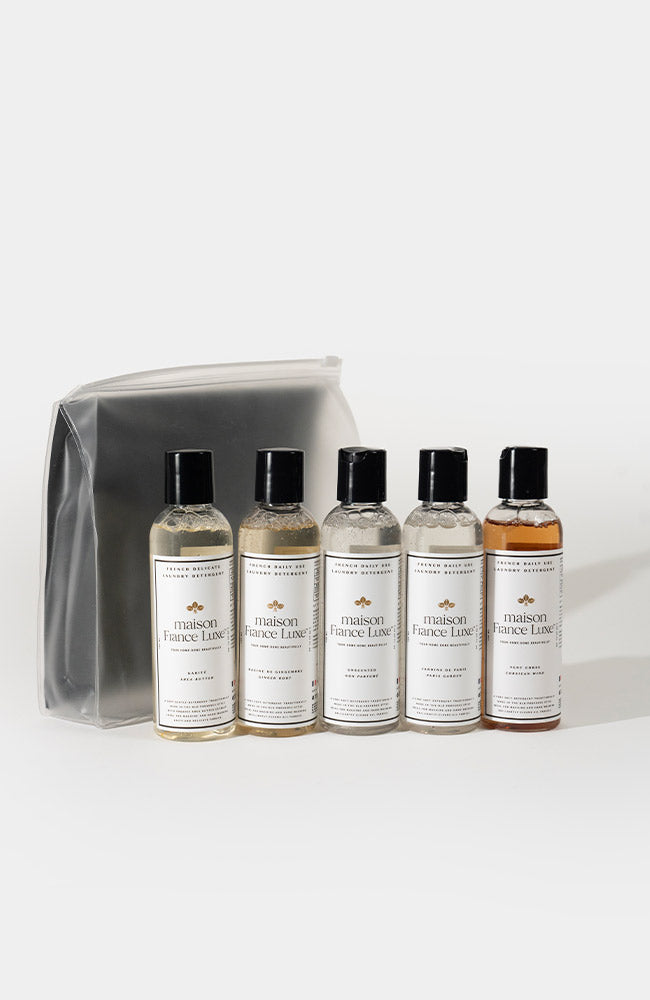 Luxe Laundry Detergent Travel 5 pack, Jardin de Paris, Vent Corse, Racine de Gingembre, Unscented, Karite Delicates by Maison France Luxe, luxury home essentials made in France