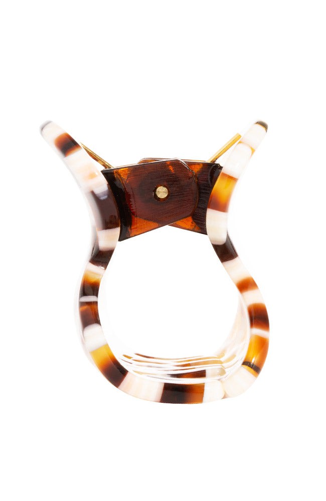 Side view of a checkered tortoise France Luxe mini claw hair clip, ideal for fine hair or small sections.