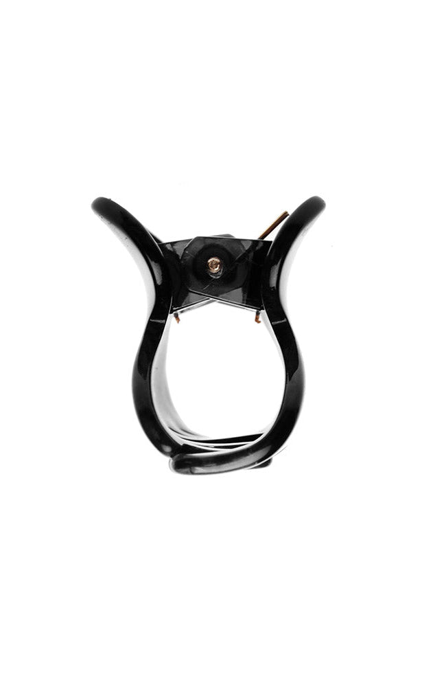 Side view of a black France Luxe mini claw hair clip, ideal for fine hair or small sections.