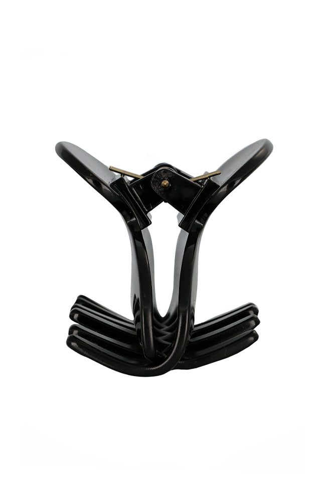 Side view of a black France Luxe small claw hair clip, ideal for fine hair or small sections.