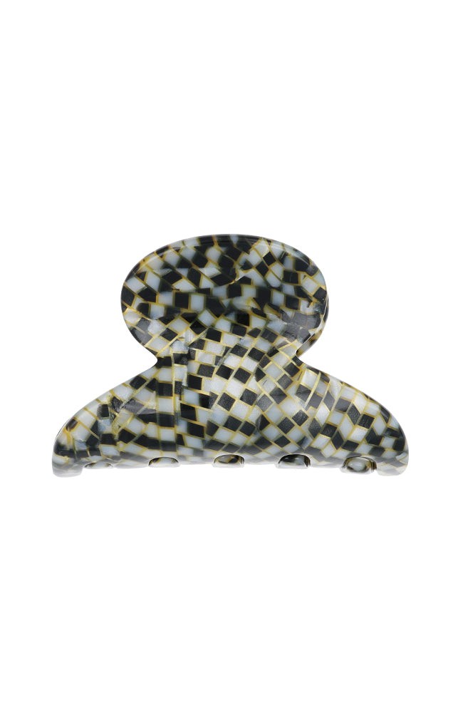 Mini, French claw hair clip ideal for fine hair or small sections - Mini Couture French Claw Clip, Opera Silver, pixelated mosaic of silver with black.