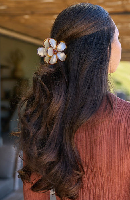 Flower hair clip holding long brown hair back, Cream Tokyo Hibiscus Jaw Clip for women by L. Erickson