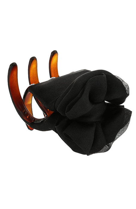 Black silk covered hair clip, Lilly Jaw for thick hair. View of top silk wrapped pinch.
