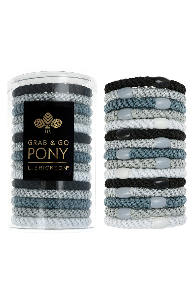 L. Erickson hair ties for thick hair, 15 pack Grab &amp; Go Pony Tube with silver hair bands.