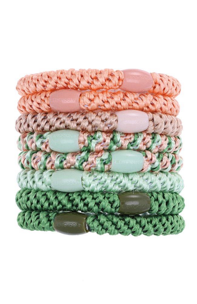 Thick, Green &amp; Pink Hair Ties by L. Erickson, 8 Grab and Go Ponytail Holders, strong hold for thick hair.
